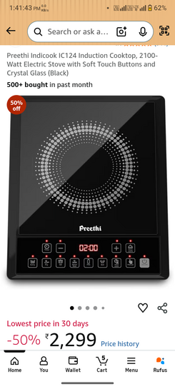Preethi Indicook IC124 Induction Cooktop, 2100-Watt Electric Stove with Soft Touch Buttons and Crystal Glass (Black)