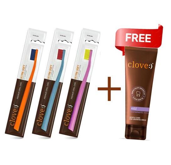 Clove Ultra Soft Toothbrush (Pack of 3) with Free Clove Toothpaste (40gm)