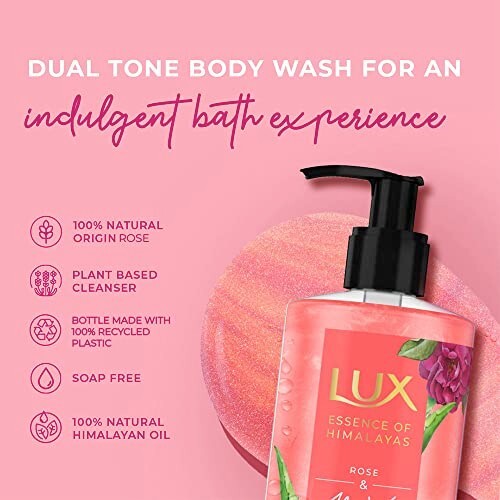 LUX Rose & Aloe Vera, Shimmering Body Wash, 400 ml, for Bright and Soft Skin, with 100% Natural Origin Rose Extract & Aloe Vera, Soap-Free, Paraben-Free, Plant Based Cleanser