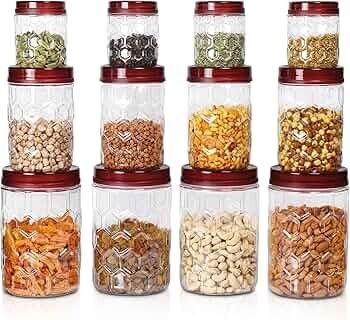 MILTON Hexa Plastic Storage Jar Set of 12 (4x270ml, 4x665ml, 4x1.24L)