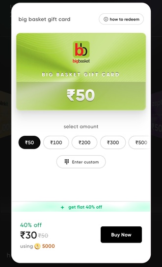 Cred - bigbasket gift card at 40% off (maybe user specific)