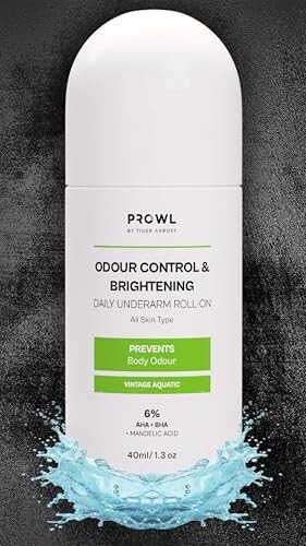 PROWL by Tiger Shroff 6% AHA BHA Mandelic Acid Underarm Roll On For Man | Brightens Dark Underarms | Long Lasting Antiperspirant Odour Control Rollon | Non-Sticky | Vintage Aquatic, 40ml