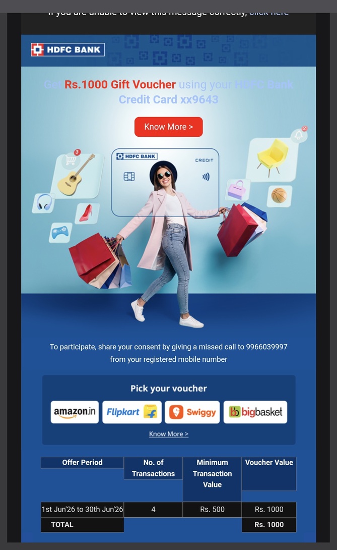HDFC Credit Card 1000 Rs Gift Card on using 4 times for transactions above 500 Rs till 30th June