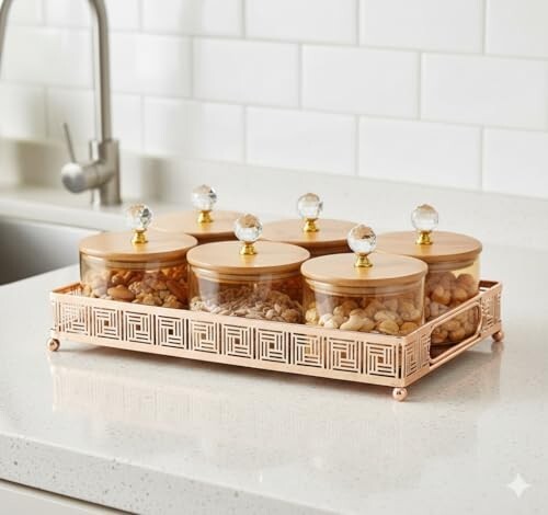 Diwali Serving Dry Fruit, 6 pcs Glass Container Serving Tray Set