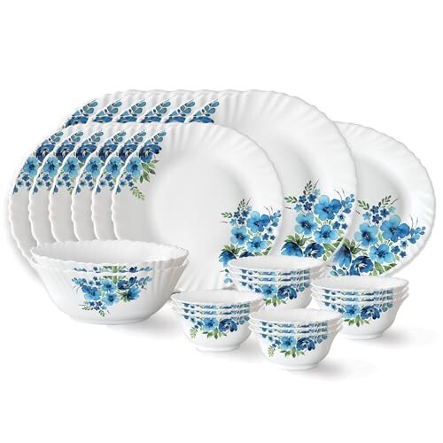 Larah by Borosil Pansy Fluted Series Opalware Dinner Set | 27 Pieces for Family of 6 | White
