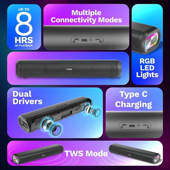 MarQ by Flipkart Thunder with Dual Drivers, Upto 8Hrs of Playback, RGB LED lights 40 W Bluetooth Soundbar (Black, 2.0 Channel)