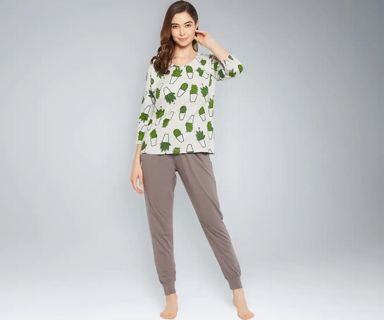 Clovia Women's Cotton Cactus Print Top& Chic Basic Joggers-