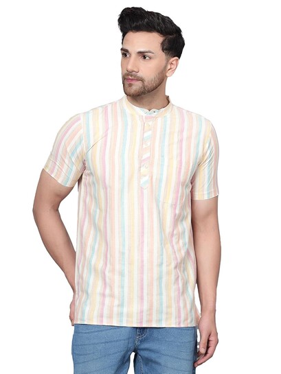 Men's Cotton Regular Casual Strped Short Kurta