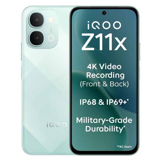 iQOO Z11x 5G (Prismatic Green, 6GB RAM, 128 GB Storage) | Dimensity 7400-Turbo Processor | 7200 mAh Battery | 4K Video Recording Front & Back | IP68 & IP69+ | Powered by OriginOS 6