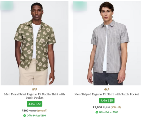 GAP Mens Shirts Min 60% off starts at ₹600