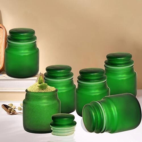 Pure Source India Frosted Glass Spice Jar Glass Container For Storage (110 ml) (Green) (Six Pcs)