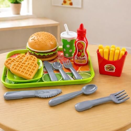Toyshine Kitchen Play Fast Food Set 18 Piece Pretend Play Burger Fries and Ketchup Toy | Best Gifts Food Playset for Boys Girls - Multicolor