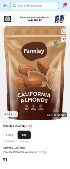 Can be loot, 1 Kilogram Almond @ ₹1, flipkart