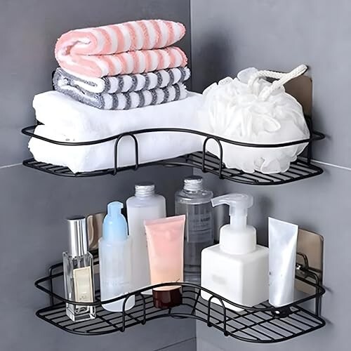 RAYMOX Wall Mounted Self-Adhesive Bathroom Corner Shelf/Kitchen Rack & Holder - Bathroom Accessories (Material-GI Metal, Powder Coated Finish, Black)