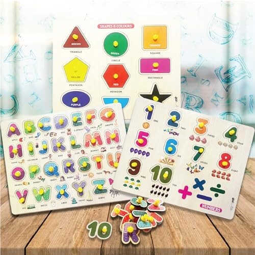 ToyMagic My Learning Activity Board Set of 3|Wooden Alphabets, NumbersIShapes|Educational Activity Toy|Matching & Sorting Board Puzzle for Pre-School Toddler Baby|Birthday Gift for 3+|Made in India