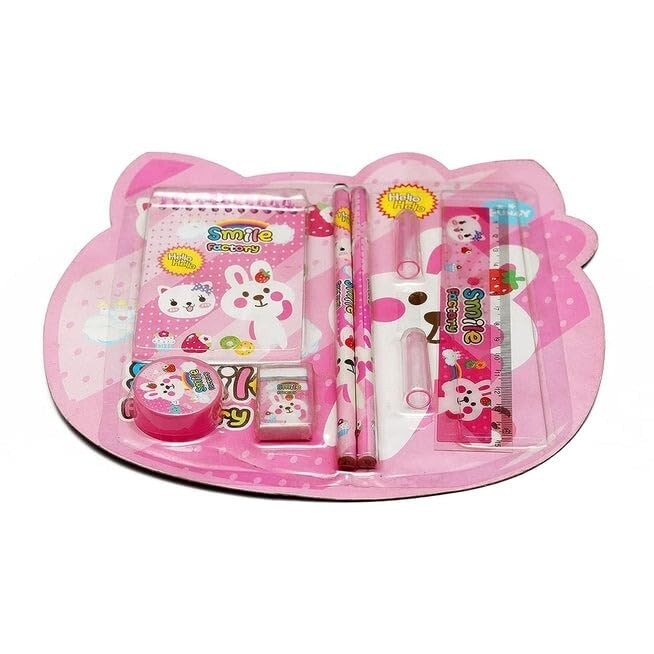 ATEVON 8-in-1 Cute Stationery Gift Set for Kids – Includes Notebook, Pencils, Eraser, Sharpener, Scale, Pencil Cap, and Tape – Cartoon Animal Design for School, Birthday Return Gifts & Home Use