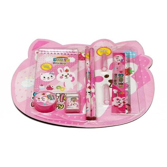 ATEVON 8-in-1 Cute Stationery Gift Set for Kids – Includes Notebook, Pencils, Eraser, Sharpener, Scale, Pencil Cap, and Tape – Cartoon Animal Design for School, Birthday Return Gifts & Home Use