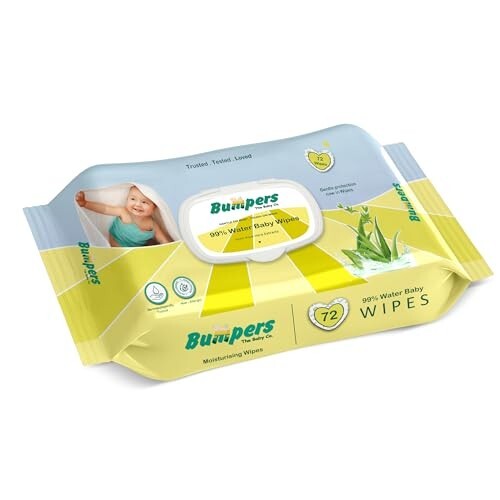 MOQ -2 | Bumpers Moisturising 99% Water Baby Wipes with Lid, Aloe Vera & Vitamin E | Extra Thick & Moist | Alcohol & Paraben free | pH balanced & Hypoallergenic | 72 Counts