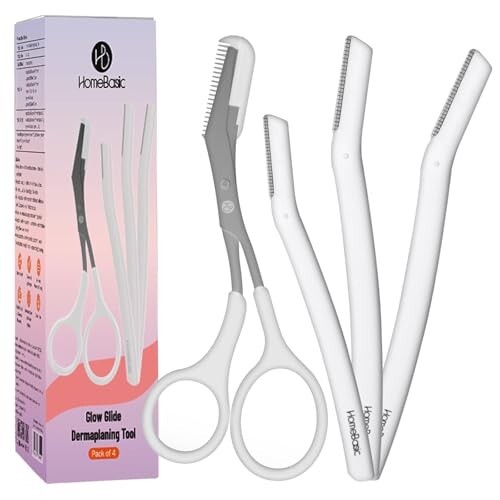 HOMEBASIC Reusable Face Razors with Eyebrow Trimmer Scissor Dermaplaning Tools (Pack of 4)