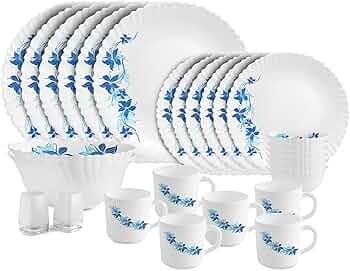 Cello Dazzle Series Blue Swirl Opalware Dinner Set | 28Pcs | White |