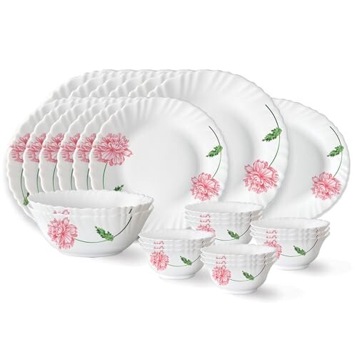 Larah by Borosil Red Mist Fluted Series Opalware Dinner Set | 27 Pieces for Family of 6