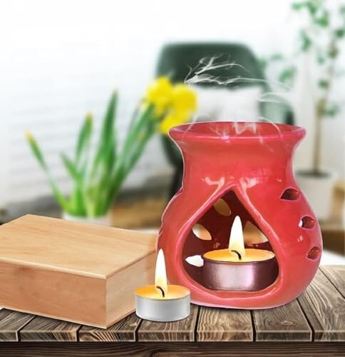 Pure Source India Ceramic Aroma Burner Tea Light Candle Holder/Oil Warmer for Home, Office & Decor (Red)