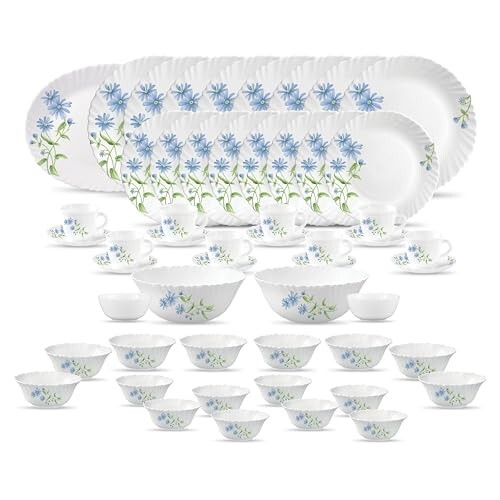 La Opala Diva Classique Collection Opal Glass Crockery | for Family of 8 | Dinner Set 53 pcs Blue Daisy | Plates, Bowls & Cups for Dining | Microwave Safe | 100% Vegetarian | Extra Strong | White