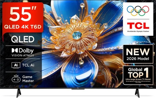 TCL T6D 138.71 cm (55 inch) QLED Ultra HD (4K) Smart Google TV 2026 Edition with HDR10+ Dolby Vision- Atmos 24W HVA Panel TCL AI Slim & Uni body Design (55T6D)