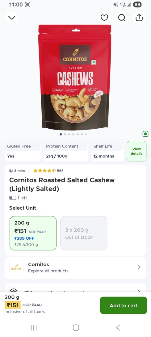 Blinkit: Roasted Cashew 200gm at 151