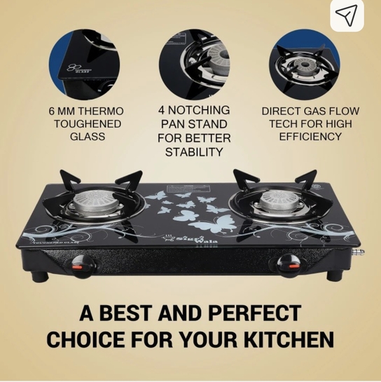 Sigri-wala  Primecook Manual Cute Design Toughened Glass Gas Stove Stainless Steel Manual Gas Stove (2 Burners)