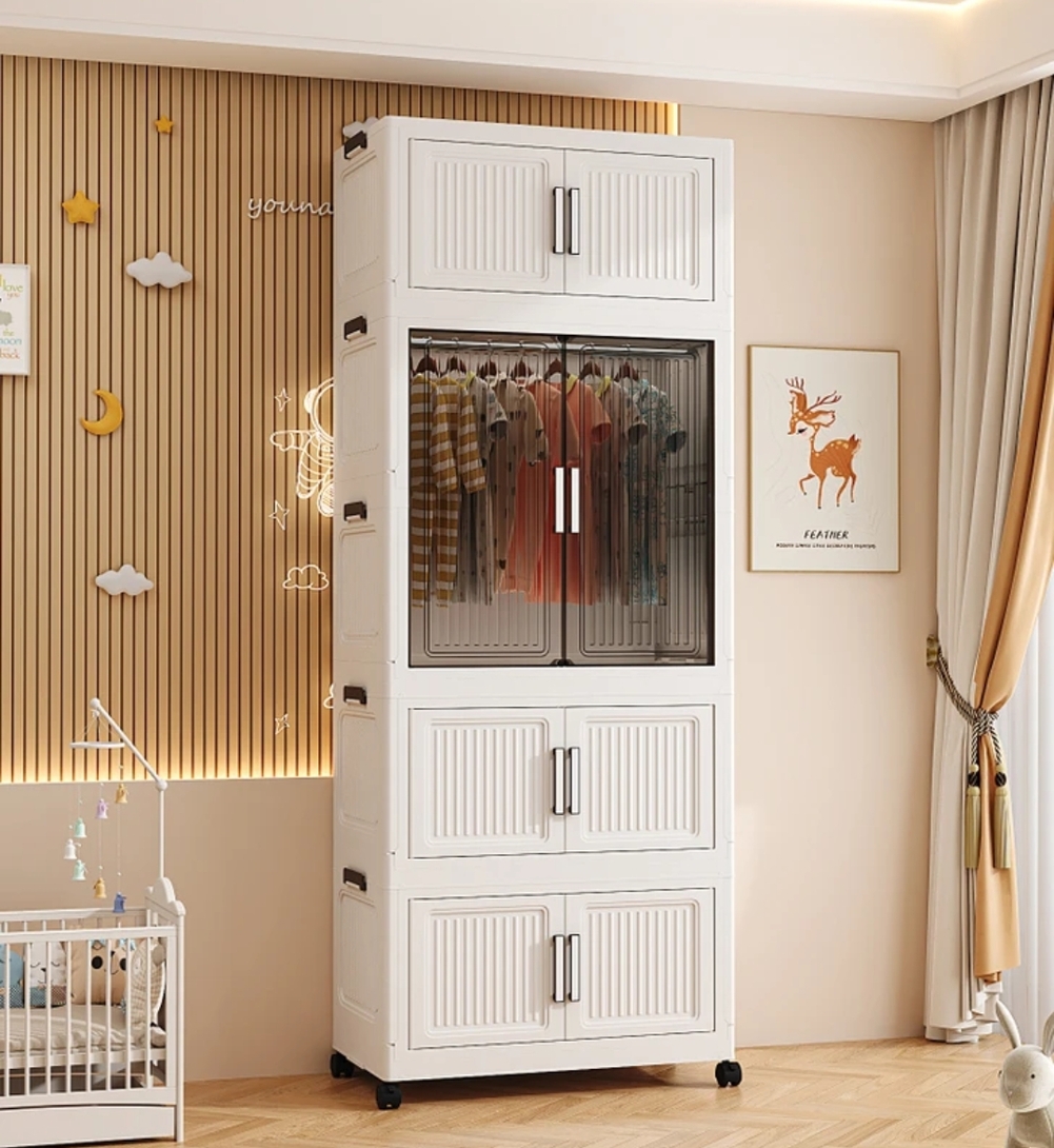 MEVIGO 1-Wardrobe 4-Door 4-Shelf Plastic Collapsible Cupboard PC Collapsible Wardrobe (Finish Color 4-White, DIY(Do-It-Yourself)
