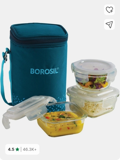 BOROSIL  Teal Bag, 3 Pc (320 ml x 2 + 240ml x 1), Office Tiifin 3 Containers Glass Office Lunch Box (880 ml)