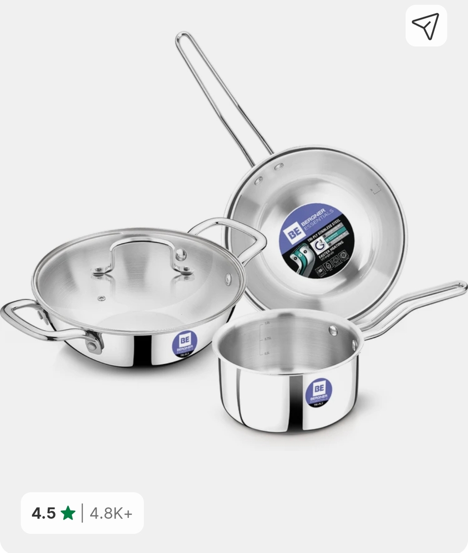 BERGNER BE Essentials Triply 4 Pcs Set of 22cm Kadai, 22cm Frypan, 14cm Saucepan - Induction Bottom Cookware Set (Triply, 4 Piece)