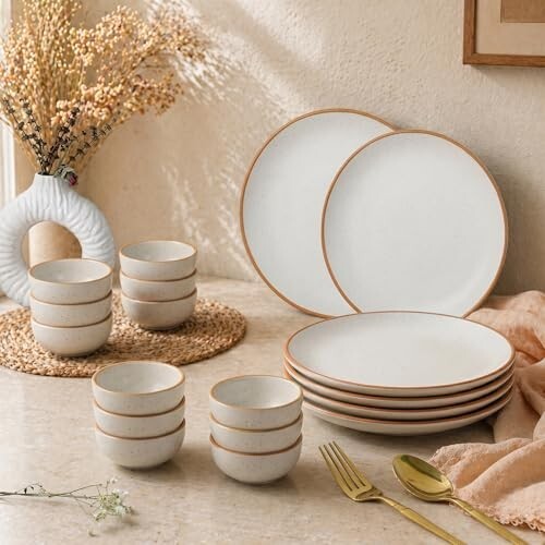 The Earth Store White Matte Ceramic Dinner Set, 18 Pieces with 6 Dinner Plates & 12 Vegetable Bowls | Microwave & Dishwasher Safe | Crockery Set for Gifting & Dining