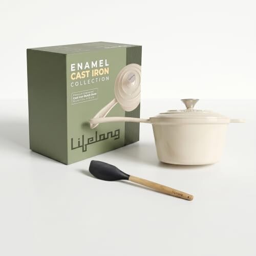 Lifelong Enamel Cast Iron Saucepan with Lid (1.9L, 20cm) (Ivory)