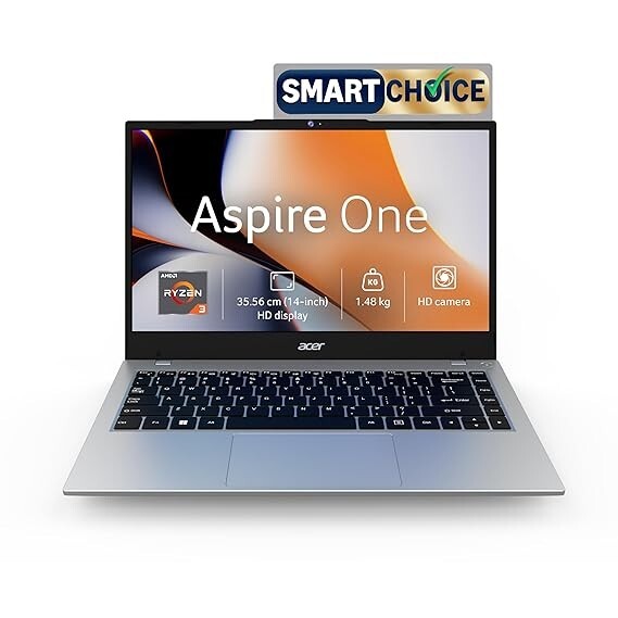 Acer Smartchoice Aspire One, AMD Ryzen 5-40, 8GB LPDDR5 RAM/ 512GB SSD, 14.0"/35.56cm WXGA Display, Win 11 Home, Pure Silver, 1.48KG, A114-43, Thin and Light Laptop