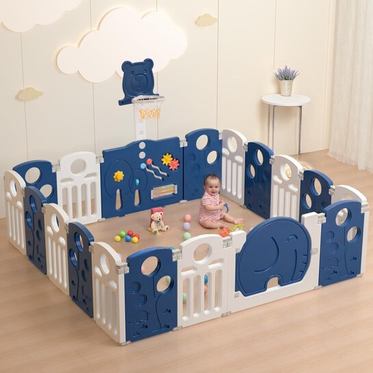 Baybee 2-in-1 Foldable Kids Playpen 16 Panels | Basketball Set | Sensory Toys | Age 0-5 Years