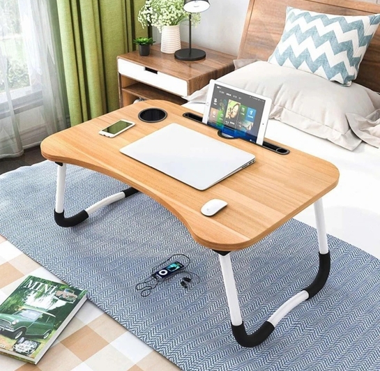 FurniGully Study Table for Students Wood Portable Laptop Table (Finish Color - Brown Wooden Design, Pre Assembled)