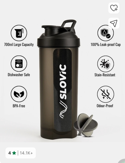 SLOVIC Leak-Proof Gym | Protein with Typhoon Blender | BPA-Free 700 ml Plastic Shaker (Pack of 1, Black)