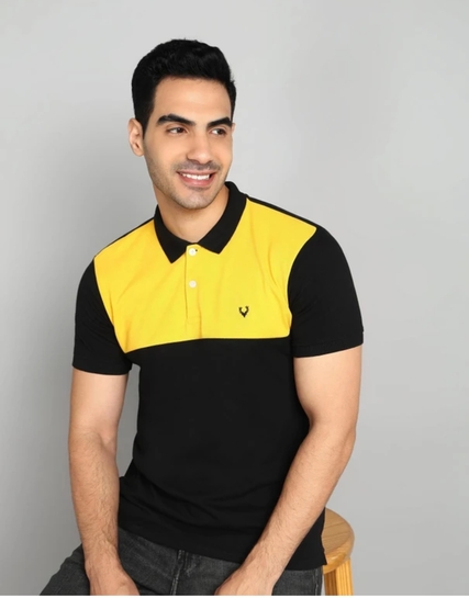 Allen Solly Men Colorblock Polo Neck Cotton Blend Black, Yellow T-Shirt