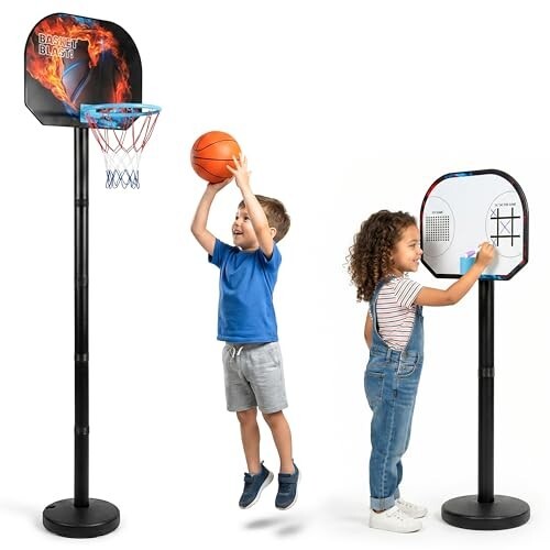Kidsmate 3-in-1 Basketball Play Set for Kids with Adjustable Basketball Hoop, Tic Tac Toe & Dot Game Board, Basketball Net Stand Indoor Outdoor Toy, Best Gift for Boys & Girls - Multicolor