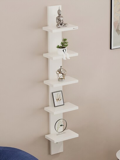 Bluewud Louis White 5 Shelves Wooden Wall Shelf 