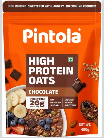 PINTOLA 26g High Protein Oats 400g, Dark Chocolate, No Refined Sugar, with Almonds, Raisins, Pumpkin & Chia Seeds, 9.6g Fibre, Rolled Oats for Weight Loss, Breakfast Cereals | Gluten Free
