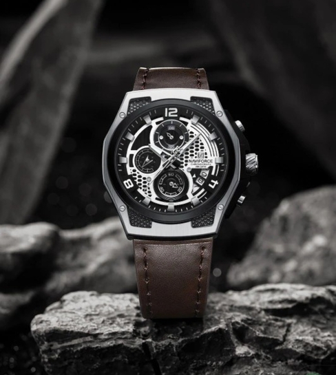NAVIFORCE Distinctive and Elegant Silver and Brown color Genuine Leather Analog Watch
