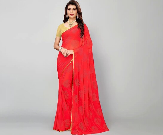 AKHILAM Women's Floral Chiffon Embellished Zari Border Saree
