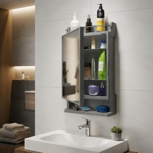 CIPLA PLAST Rich Look Bathroom Cabinet with Mirror | Storage Organiser | Strong Plastic Bathroom Shelves Wall Mounted | Bathroom Accessories| Mirror Cabinet- (Made in India) (Metallic Grey)