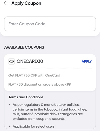 OneCard x Instamart 30rs off on 99 purchase(user specific)