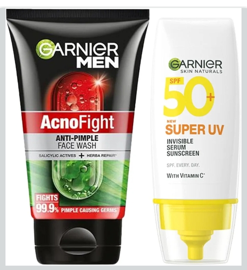 GARNIER Men Acno Fight Anti Pimple Face Wash 100g + Super UV Invisible Serum Sunscreen 30ml