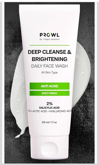 PROWL by Tiger Shroff Facewash 2% Salicylic Acid | Anti Acne For Dry Combination Oily & Acne Prone Man Skin Care with 1% Lactic Acid, Hyaluronic Acid | Exfoliating Brightening Face Wash For Men | 50ml