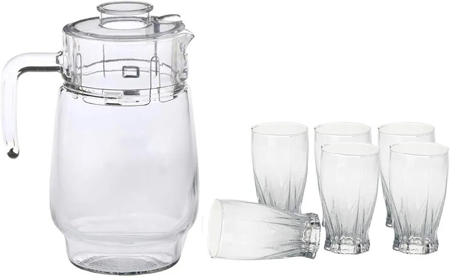 Somil Drinking Set of One Jar with Lid & Six Transparent, Clear Self Designer Glass
